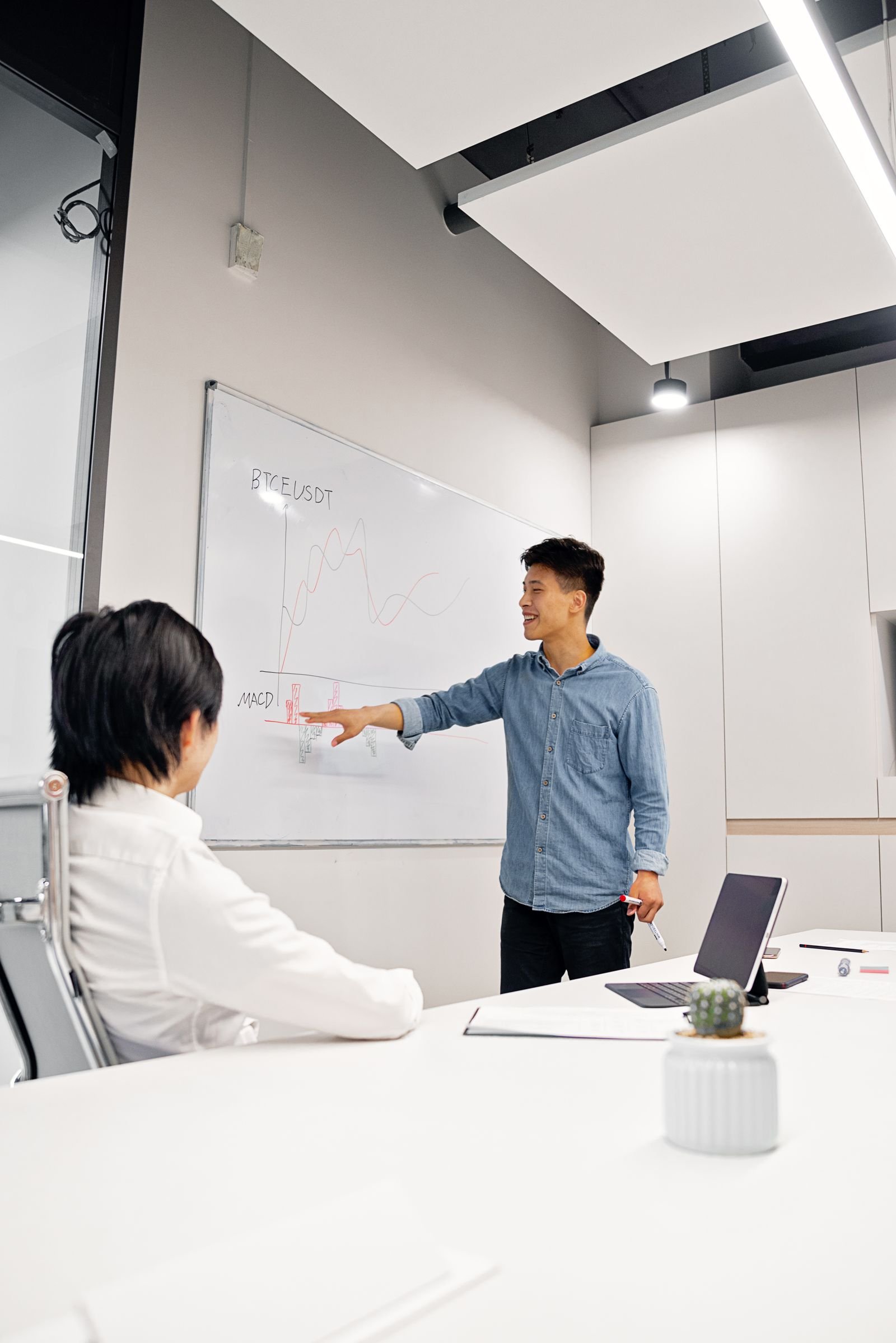 Person explaining a problem-solving approach on a whiteboard