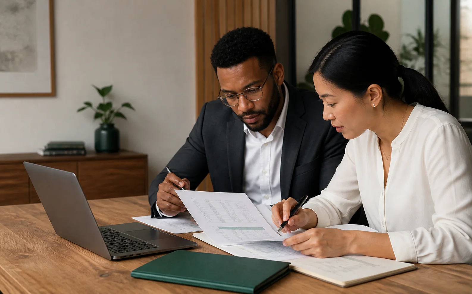 Finance professionals reconciling a report